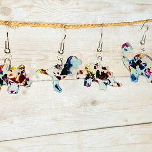 Dino Earrings with Sparkle Resin T-Rex Stegosaurus  Triceratops Longneck