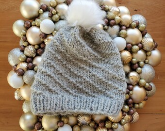 Hand Knit Wool Blend Beanie with Pom Pom - Winter Hat
