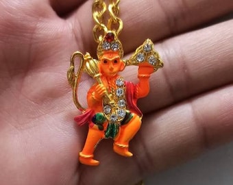 Lord Hanuman Necklace, Veer Hanuman Pendant With Chain, Brass bajarangbali pendant with chain, Hindu Pendant, Lucky Gift