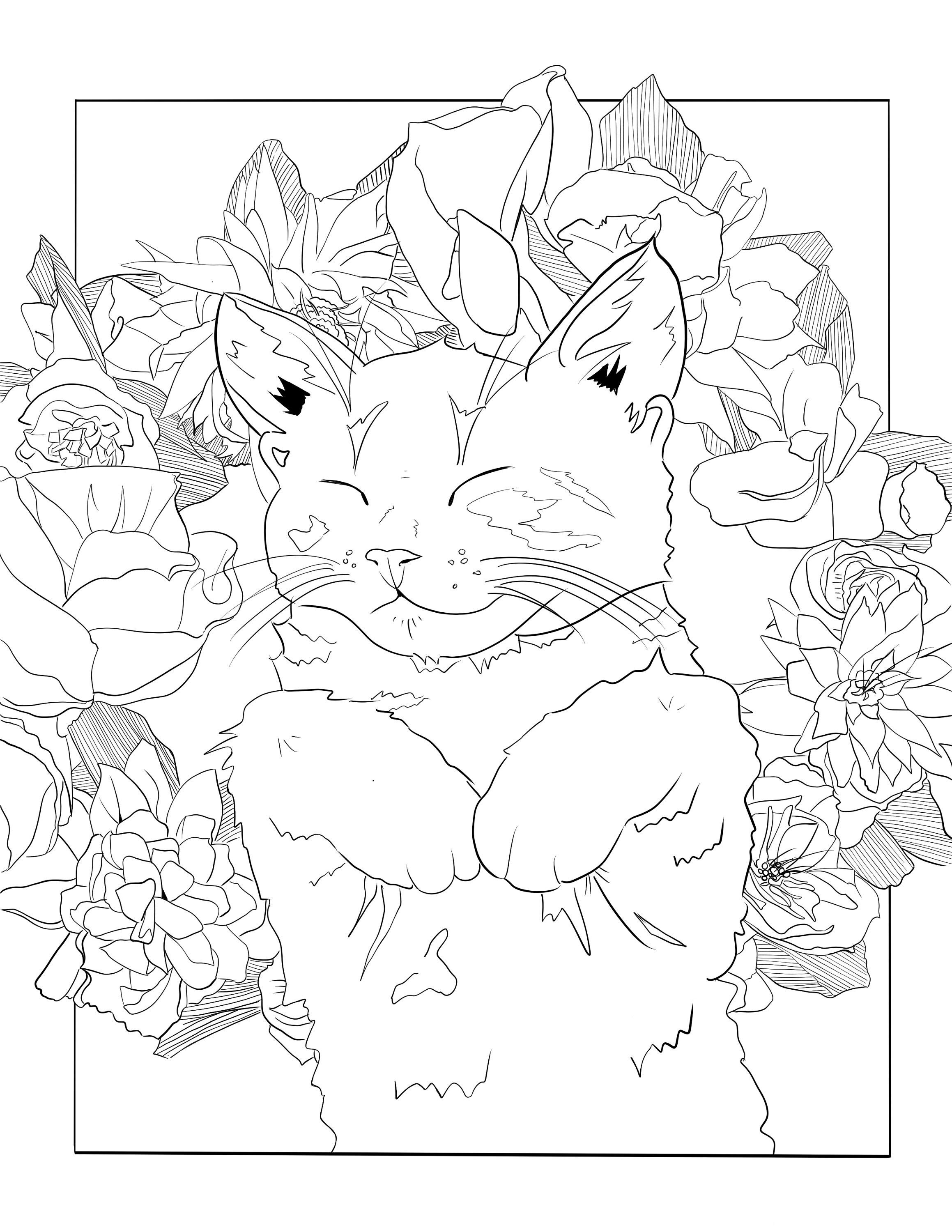 Cat Floral Coloring Pages for Adults and Kids | Etsy