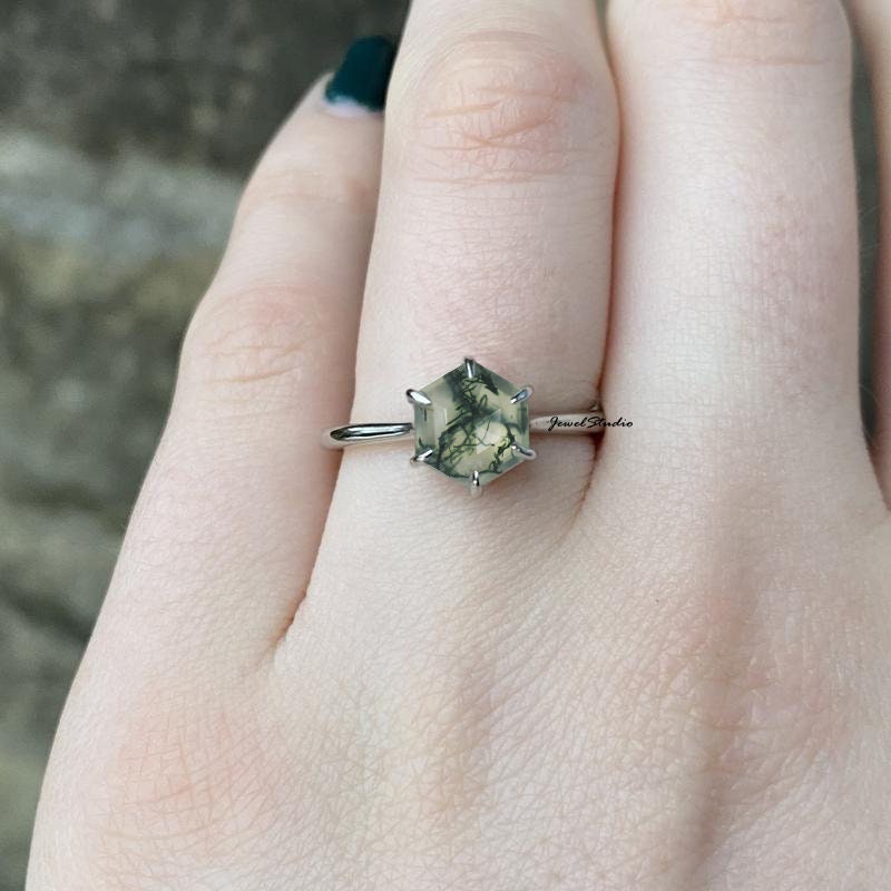 14K Gold Moss Agate Ring Rose Gold Moss agate Ring Hexagon | Etsy