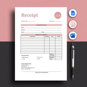 Peut inclure: Un modèle de reçu vierge avec un en-tête et des accents roses. Le reçu comprend des champs pour les coordonnées du client, les descriptions des produits et les modes de paiement. Un stylo repose sur une surface noire à côté du reçu.