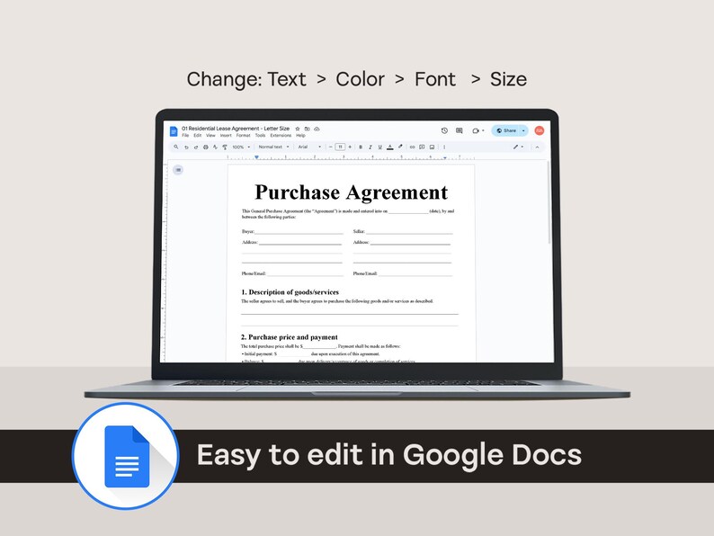 Editable Purchase Agreement Template – Printable Sales Contract (PDF ...