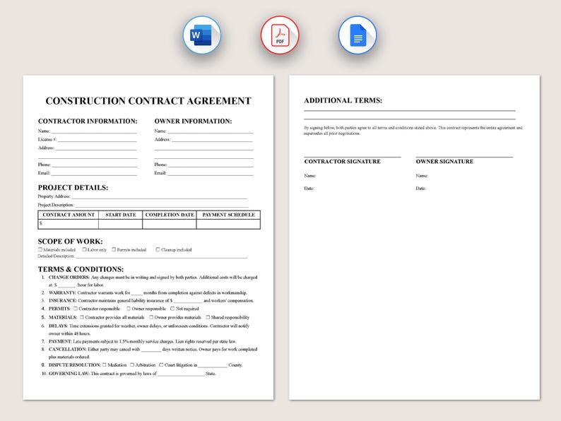 Construction Contract Agreement Template, Editable Renovation ...