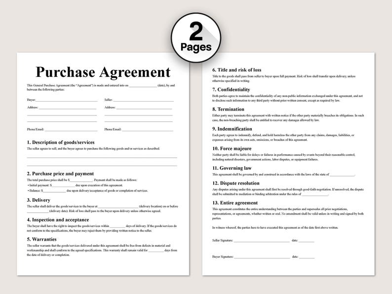 Editable Purchase Agreement Template – Printable Sales Contract (PDF ...