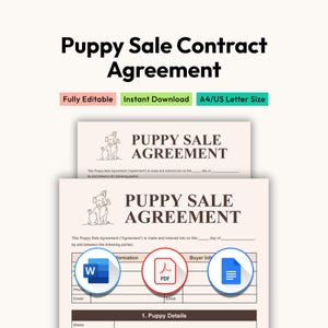 Editable Puppy Agreement Template, Dog Breeder Contract (PDF, Word, Google Docs )