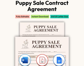 Editable Puppy Agreement Template, Dog Breeder Contract (PDF, Word, Google Docs )