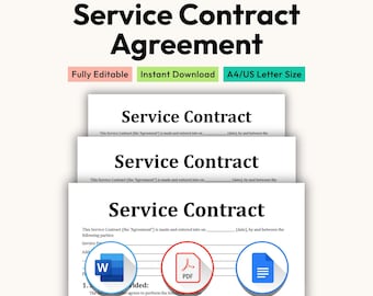 Service Contract Agreement Form, Custom Editable Paperwork Template (PDF, Word, Google Docs)