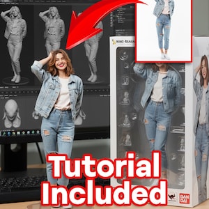 May include: A figure of a woman in a denim jacket and ripped jeans, with the text "Tutorial Included". The figure is in a clear plastic display case. A computer screen shows 3D modeling images of the figure.
