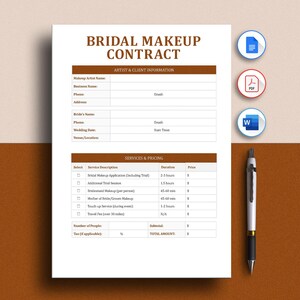 May include: A bridal makeup contract with sections for artist and client information, services, and pricing. The document includes fields for names, contact details, and service descriptions. A pen and document icons are on the right.