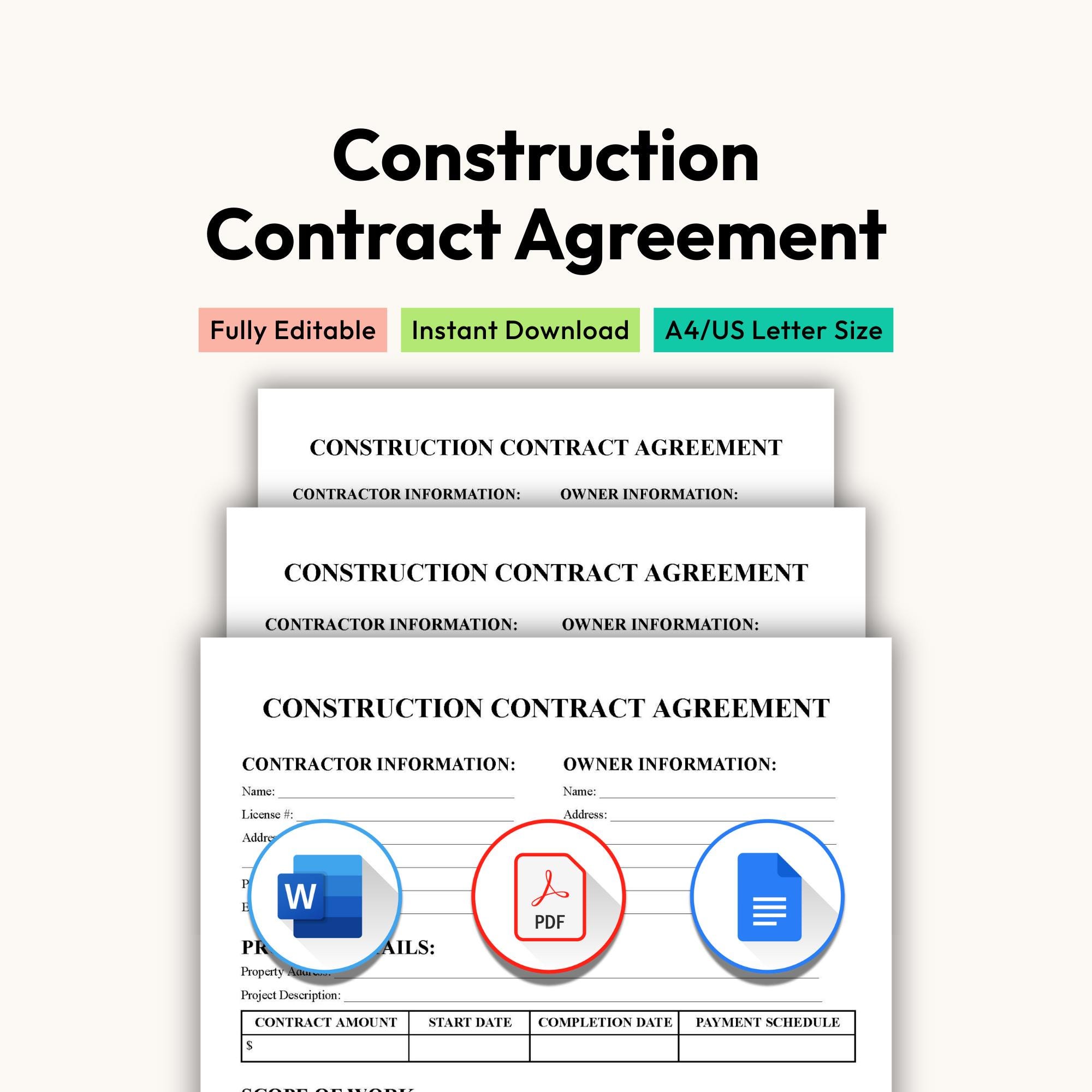 Construction Contract Agreement Template, Editable Renovation ...