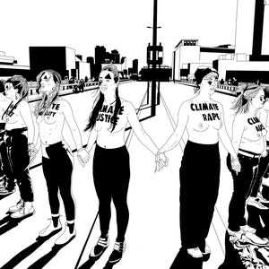 May include: Black and white illustration of a group of people holding hands in a protest. The words "Climate Justice", "Climate Reality", and "Climate Rape" are written on their chests. The image is a stark depiction of a demonstration.