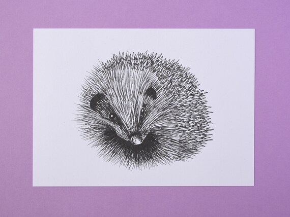 Small Hedgehog Art Print, black and white – Mammal Art Print – Nature Art Print – Unframed A5 size