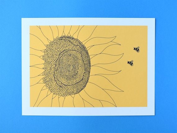 Bees and a Sunflower Art Print – Insect Art Print – Nature Art Print – Unframed A5 and A4 sizes