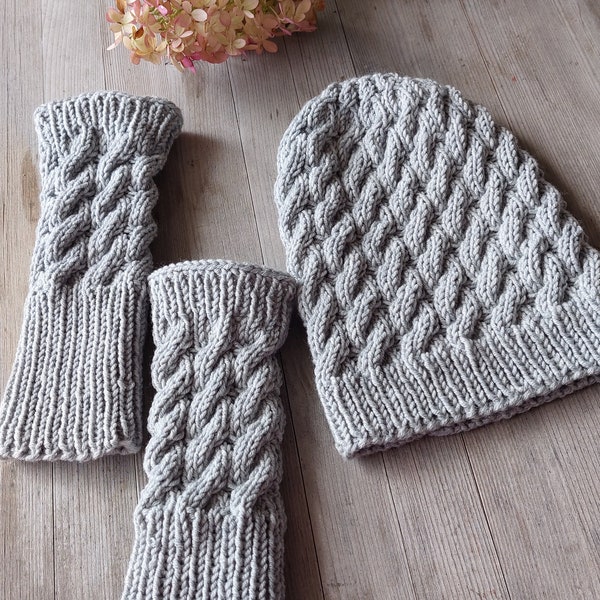 KNITTING PATTERN HAT * Gloves Beanie Hat Womens Pattern*Cable Knit Hat Fingerless Mittens