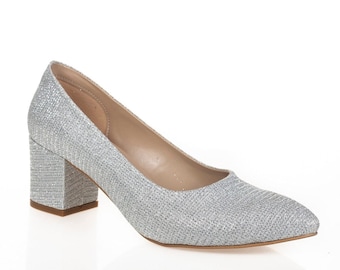 SILVER WEDDING BLOCK Heel Shoes Party Dance Shoes Low Thick Heel