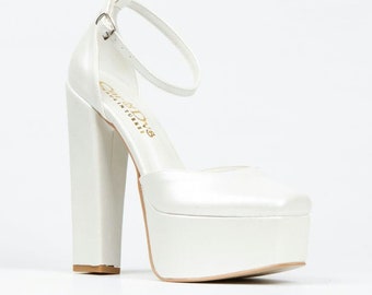 WEDDING SHOES, Block Heel, Ankle Strap Shoes, Handmade White Shoes, Gift for Her, Wedding Shoes for Bride, Brautschuhe, Platform Sole