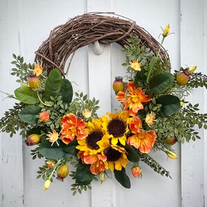 Summer sunflower wreath, summer wild flower and greenery wreath, large wreath for front door, orange and yellow faux floral wreath for porch