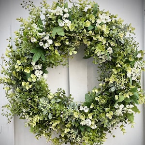 Mixed greenery wreath, year round, summer spring wreath, large wreath for front door, indoor outdoor wreath, boxwood, foax white floral