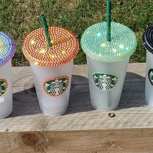 STARBUCKS COLD CUP SODA TUMBLER WITH STRAW BLING RHINESTONES GEMS  PERSONALISED