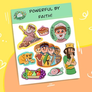 Puede incluir: Un conjunto de pegatinas coloridas con ilustraciones de personas y animales. Las pegatinas tienen un tema religioso e incluyen el texto "Powerful by Faith!" y "Powerful by Faith".