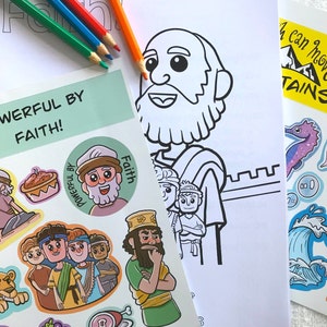 Może przedstawiać: Strona do kolorowania z arkuszem naklejek przedstawiającym kresk&oacute;wkową ilustrację mężczyzny z brodą i tekstem "Powerful by Faith!" Arkusz naklejek zawiera r&oacute;żne kolorowe naklejki z kresk&oacute;wkowymi ilustracjami ludzi i przedmiot&oacute;w.