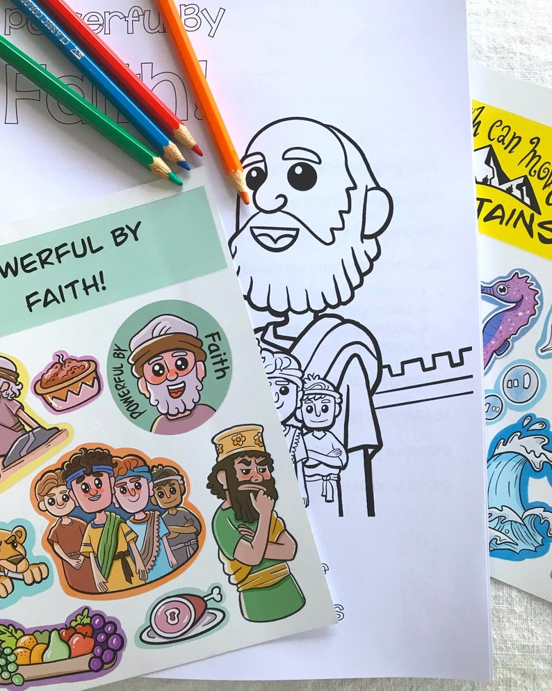 Może przedstawiać: Strona do kolorowania z arkuszem naklejek przedstawiającym kresk&oacute;wkową ilustrację mężczyzny z brodą i tekstem "Powerful by Faith!" Arkusz naklejek zawiera r&oacute;żne kolorowe naklejki z kresk&oacute;wkowymi ilustracjami ludzi i przedmiot&oacute;w.