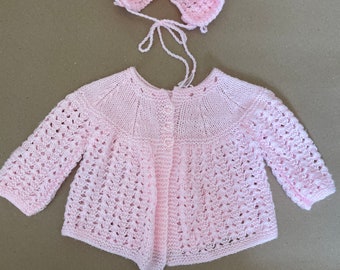 Vintage Never Worn Pink Hand Knitted Cardigan and Bonnet 0-3 Months