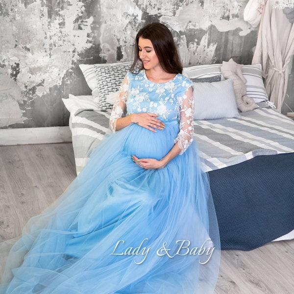 Maternity dress photo shoots blue tulle Lace more colors Baby Shower party outfit