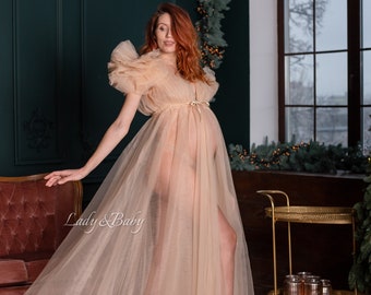 Beige maternity dress photo shoot tulle - boudoir robe