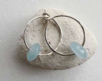 Sea calm, 18mm Gypsy hoop earrings, eco friendly recycled Sterling silver, sea blue Quartz bead…carry calm with you…