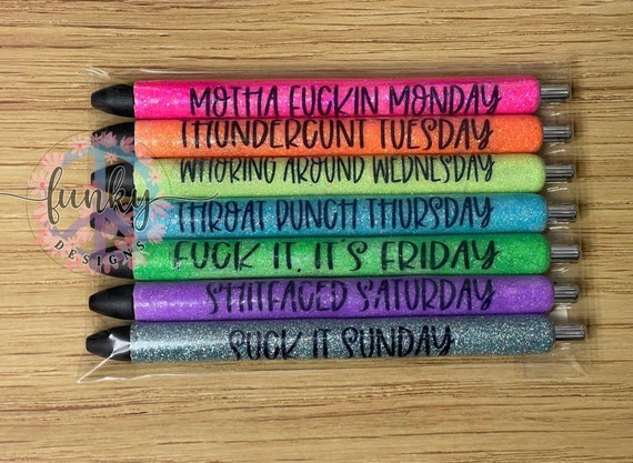 Epoxy Glitter Pen Set Rated R Swear/cuss Word Days of the Week Pens Fuck Pen  Set Funny Pens 