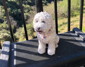 Pode incluir: Uma figurinha de cachorro branco e felpudo com olhos azuis, sentada em um degrau preto com vista para uma colina verde no fundo.