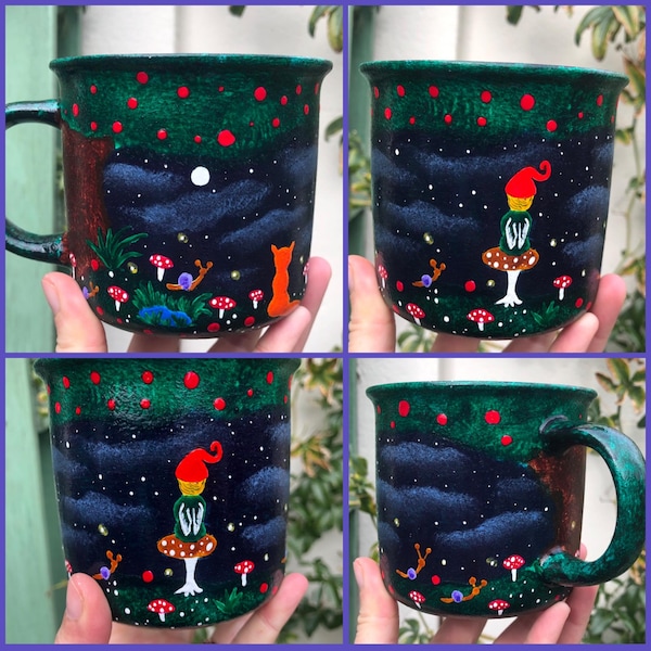 Mug Féerique, Nuit Féerique, renard, champignon, escargots, lutin, fée, féerique, forêt enchantée, cottage, vintage, peint à la main