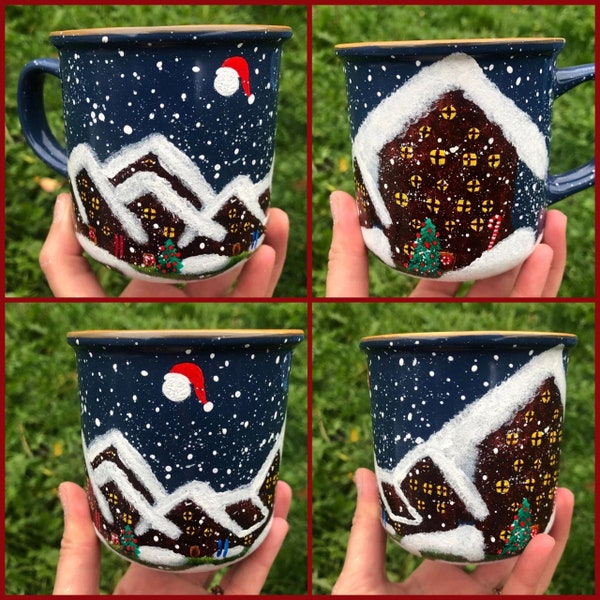 Mug de Noël, Noël, sapin, neige, bonhomme de neige, peint à la main, fait main, artisanale, chalets, féerique, magique, féerique