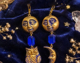 Brincos de lua, celestiais, oníricos, de fada, de sonho, de bruxa, místicos, vintage, caprichosos, de coruja, mágicos