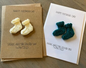 Tiny Socks Mothers Day greetings card, Hand Made & Hand Knit on White or Natural card