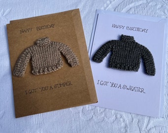Tiny Sweater Birthday Greetings Card, Hand Made in Brown or White, ‘Jumper’ or ‘Sweater’
