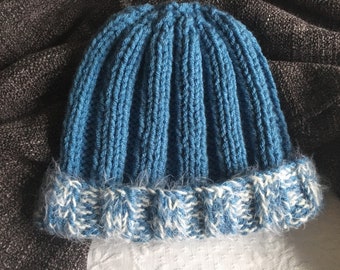 Woollen Hat, Hand Knit in Sky Blue with Fluffy White Brim, Adult Medium Size