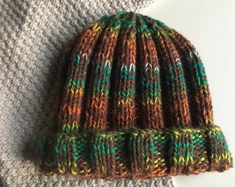 Woollen Hat, Hand Knit in Chocolate Brown & Bright Autumn Colours, Adult Medium Size