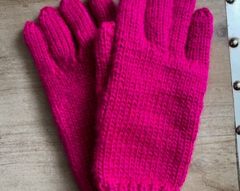 Thick Hand Knit Woollen Gloves, adult small/child’s large in shocking pink