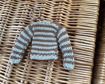 OOAK Tiny Stripy Jumper Bag Charm Keyring with Poseable Sleeves Hand Knitted in Cotton
