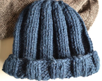 Navy Reflective Woollen Hat, Hand Knitted, Adult Medium Size