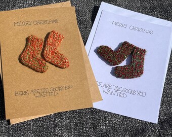 Merry Christmas Tiny Sock Greetings Cards in Brown or White