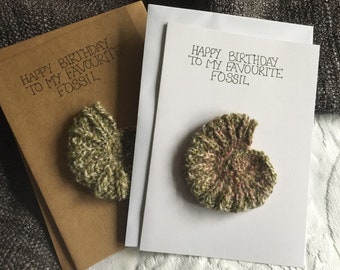 Favourite Fossil Ammonite Birthday Card, Hand Made & Knitted