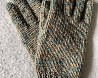Thick Woollen Gloves, Adult Large size, Hand Knit in Green & Beige