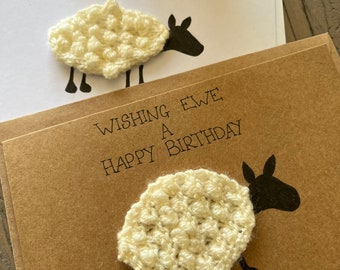 Happy Birthday Sheep Card, Hand Knitted and Hand Made in Brown and White
