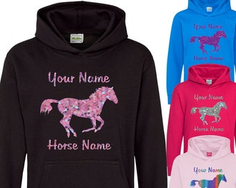 Sudadera con capucha personalizada para niños: ¡agregue los nombres de usted y sus caballos!