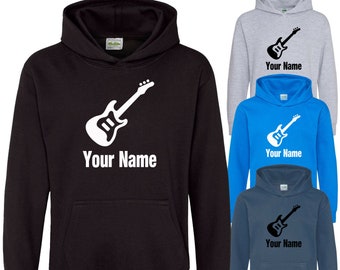 May include: Black, blue, and gray hooded sweatshirts with a white electric guitar graphic and the text "Your Name".