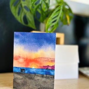 Píer de Manhattan Beach ao pôr do sol aquarela cartão de felicitações em branco